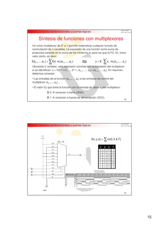 Tema 6. Circuitos combinacionales y puertas lógicas

         Síntesis de funciones con multiplexores
   Un único multiplexor de 2n a 1 permite materializar cualquier función de
   conmutación de n variables. La expresión de una función como suma de
   productos consiste en la suma de los minterms mi para los que la FC, f(i), toma
   valor cierto, es decir:


   Obviando E (enable), esta expresión coincide con la expresión del multiplexor
   si se identifican: xi = f(i) ∀ i=0, ..., 2n-1, (sn-1, ..., s0) =(an-1, ..., a0). En resumen,
   debemos conectar:
   • Las entradas de la función (an-1,…, a0) a las entradas de control del
   multiplexor (sn-1,...,s0) .
   • El valor f(i) que toma la función con la entrada de datos xi del multiplexor:
                    0     conexión a tierra (GND).
                    1     conexión a fuente de alimentación (VCC).
                                                                                              29




Tema 6. Circuitos combinacionales y puertas lógicas




                                                                                              30




                                                                                                   15
 