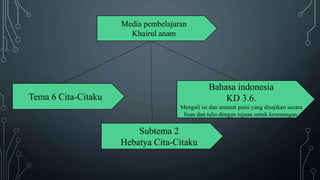 Tema 6 Cita-Citaku
Media pembelajaran
Khairul anam
Subtema 2
Hebatya Cita-Citaku
Bahasa indonesia
KD 3.6.
Mengali isi dan amanat puisi yang disajikan secara
lisan dan tulis dengan tujuan untuk kesenangan.
 