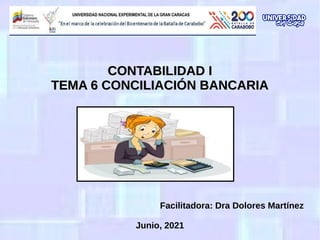 CONTABILIDAD I
CONTABILIDAD I
TEMA 6 CONCILIACIÓN BANCARIA
TEMA 6 CONCILIACIÓN BANCARIA
Facilitadora: Dra Dolores Martínez
Junio, 2021
 