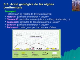 8.3.  Acció geològica de les aigües continentals   Transport El transport es realitza de diverses maneres: *  Flotació : partícules de densitat < 1gr/cm 3 *  Dissolució : partícules solubles (clorurs, sulfats, bicarbonats,...) *  Suspensió : partícules de densitat propera a 1 gr/cm 3 *  Saltació : partícules de densitat > 1gr/cm 3 *  Rodament : clasts grans per tracció o xoc d’altres. 