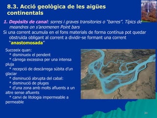 8.3.  Acció geològica de les aigües continentals   1. Depòsits de canal : sorres i graves transitories o “barres”. Típics de meandres on s’anomenen Point bars   Si una corrent acumula en el fons materials de forma contínua pot quedar obstruïda obligant al corrent a dividir-se formant una corrent “ anastomosada ”  Succeeix quan: * disminueix el pendent * càrrega excessiva per una intensa pluja * recepció de descàrrega súbita d’un glaciar * disminució abrupta del cabal: * disminució de pluges * d’una zona amb molts afluents a un altre sense afluents * canvi de litologia impermeable a permeable 