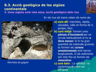 8.3.  Acció geològica de les aigües continentals   3. Unes aigües amb més seny: acció geològica dels rius   a) curs alt : marmites, ràpids, cascades, valls en forma de V, gorges, llacs b) curs mitjà : formen unes  planes d’inundació  per on circula habitualment el riu  o llera menor . Si hi ha gran quantitat de materials gruixuts es formen els  cursos anastomosats  amb barres longitudinals. Si els sediments són més fins es formen els  meandres c) curs baix  : La salinitat i la contaminació solen ser elevades En els rius els trams reben els noms de: Marmites de gegant 