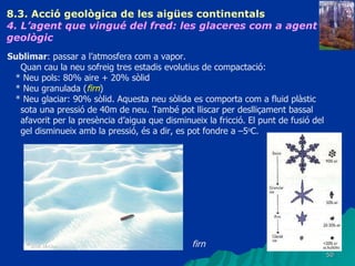 8.3.  Acció geològica de les aigües continentals   4. L’agent que vingué del fred: les glaceres com a agent geològic   Sublimar : passar a l’atmosfera com a vapor. Quan cau la neu sofreig tres estadis evolutius de compactació: * Neu pols: 80% aire + 20% sòlid * Neu granulada ( firn ) * Neu glaciar: 90% sòlid. Aquesta neu sòlida es comporta com a fluid plàstic sota una pressió de 40m de neu. També pot lliscar per deslliçament bassal afavorit per la presència d’aigua que disminueix la fricció. El punt de fusió del gel disminueix amb la pressió, és a dir, es pot fondre a –5 o C. firn 