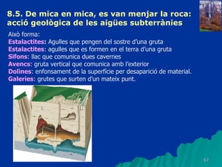8.5. De mica en mica, es van menjar la roca: acció geològica de les aigües subterrànies   Això forma: Estalactites :  Agulles que pengen del sostre d’una gruta Estalactites : agulles que es formen en el terra d’una gruta Sifons : llac que comunica dues cavernes Avencs : gruta vertical que comunica amb l’exterior Dolines : enfonsament de la superfície per desaparició de material. Galeries : grutes que surten d’un mateix punt. 