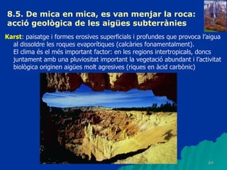8.5. De mica en mica, es van menjar la roca: acció geològica de les aigües subterrànies   Karst : paisatge i formes erosives superficials i profundes que provoca l’aigua al dissoldre les roques evaporítiques (calcàries fonamentalment). El clima és el més important factor: en les regions intertropicals, doncs juntament amb una pluviositat important la vegetació abundant i l’activitat biològica originen aigües molt agresives (riques en àcid carbònic) 