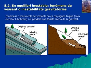 8.2. En equilibri inestable: fenòmens de vessant o inestabilitats gravitatòries   Fenòmens o moviments de vessants on es conjuguen l’aigua (com element lubrificant) i el pendent que facilita l’acció de la gravetat.  