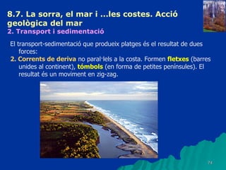 8.7. La sorra, el mar i ...les costes. Acció geològica del mar   2. Transport i sedimentació   El transport-sedimentació que produeix platges és el resultat de dues forces: 2. Corrents de deriva  no paral·lels a la costa. Formen  fletxes  (barres unides al continent),  tómbols  (en forma de petites penínsules). El resultat és un moviment en zig-zag. 