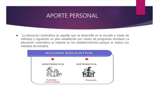 APORTE PERSONAL
La educación sistemática es aquella que se desarrolla en la escuela a través de
métodos y siguiendo un plan establecido por medio de programas escolares La
educación sistemática se imparte en los establecimientos porque se realiza con
métodos de estudios