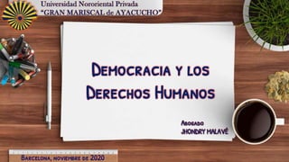 Democracia y los
Derechos Humanos
Universidad Nororiental Privada
“GRAN MARISCAL de AYACUCHO”
Abogado
JHONDRY MALAVÉ
Barcelona, noviembre de 2020
 