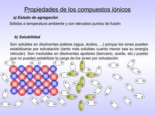 Propiedades de los compuestos iónicos a) Estado de agregación Sólidos a temperatura ambiente y con elevados puntos de fusión b) Solubilidad Son solubles en disolventes polares (agua, ácidos, ...) porque los iones pueden estabilizarse por solvatación (tanto más solubles cuanto menor sea su energía reticular). Son insolubles en disolventes apolares (benceno, aceite, etc.) puesto que no pueden estabilizar la carga de los iones por solvatación.  +  -  +  -  +  -  +  -  +  -  +  -  +  -  +  -  +  -  +  -  +  -  +  -  +  -  +  -  +  -  +  -  +  -  +  -  +  -  +  -  +  -  +  -  +  -  +  -  +  -  +  -  +  -  +  -  +  -  +  -  +  -  +  -  +  -  +  -  +  -  +  -  +  -  +  -  +  - 