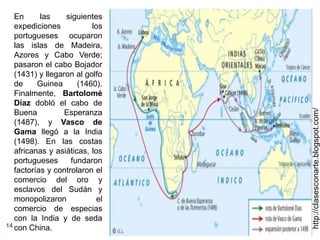 14
http://clasesconarte.blogspot.com/
En las siguientes
expediciones los
portugueses ocuparon
las islas de Madeira,
Azores y Cabo Verde;
pasaron el cabo Bojador
(1431) y llegaron al golfo
de Guinea (1460).
Finalmente, Bartolomé
Díaz dobló el cabo de
Buena Esperanza
(1487), y Vasco de
Gama llegó a la India
(1498). En las costas
africanas y asiáticas, los
portugueses fundaron
factorías y controlaron el
comercio del oro y
esclavos del Sudán y
monopolizaron el
comercio de especias
con la India y de seda
con China.
 