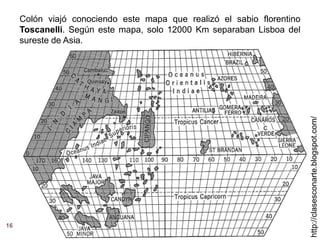 16
http://clasesconarte.blogspot.com/
Colón viajó conociendo este mapa que realizó el sabio florentino
Toscanelli. Según este mapa, solo 12000 Km separaban Lisboa del
sureste de Asia.
 