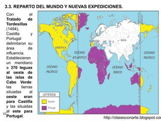 20
http://clasesconarte.blogspot.com
Con el
Tratado de
Tordesillas
(1494),
Castilla y
Portugal
delimitaron su
área de
influencia.
Establecieron
un meridiano
a 370 leguas
al oeste de
las islas de
Cabo Verde:
las tierras
situadas al
oeste eran
para Castilla
y las situadas
al este para
Portugal.
3.3. REPARTO DEL MUNDO Y NUEVAS EXPEDICIONES.
 