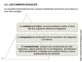 30
http://clasesconarte.blogspot.com/
La sociedad estamental pervivió, aunque el desarrollo económico de la época la
hizo más compleja.
La nobleza y el clero, aunque perdieron poder a favor
del rey, siguieron siendo privilegiados.
El campesinado, aunque sus condiciones de vida
mejoraron, siguió siendo los no privilegiados. Se liberaron
de la servidumbre y trabajan sus propias tierras o como
asalariado de los señores.
La burguesía se enriqueció con el comercio, los negocios
y la banca.
5.3. LOS CAMBIOS SOCIALES.
 