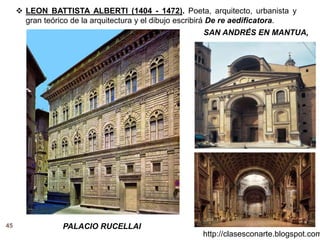 45
http://clasesconarte.blogspot.com
 LEON BATTISTA ALBERTI (1404 - 1472). Poeta, arquitecto, urbanista y
gran teórico de la arquitectura y el dibujo escribirá De re aedificatora.
SAN ANDRÉS EN MANTUA,
PALACIO RUCELLAI
 