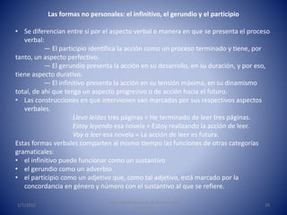 1/7/2015
Universidad Nacional de Educación a
Distancia
29
Las formas no personales: el infinitivo, el gerundio y el participio
• Se diferencian entre sí por el aspecto verbal o manera en que se presenta el proceso
verbal:
— El participio identifica la acción como un proceso terminado y tiene, por
tanto, un aspecto perfectivo.
— El gerundio presenta la acción en su desarrollo, en su duración, y por eso,
tiene aspecto durativo.
— El infinitivo presenta la acción en su tensión máxima, en su dinamismo
total, de ahí que tenga un aspecto progresivo o de acción hacia el futuro.
• Las construcciones en que intervienen van marcadas por sus respectivos aspectos
verbales.
Llevo leídas tres páginas = He terminado de leer tres páginas.
Estoy leyendo esa novela = Estoy realizando la acción de leer.
Voy a leer esa novela = La acción de leer es futura.
Estas formas verbales comparten al mismo tiempo las funciones de otras categorías
gramaticales:
• el infinitivo puede funcionar como un sustantivo
• el gerundio como un adverbio
• el participio como un adjetivo que, como tal adjetivo, está marcado por la
concordancia en género y número con el sustantivo al que se refiere.
 