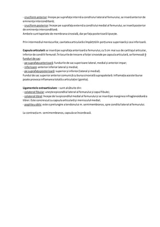 - cruciformanterior:începe pe suprafațainternăacondilului lateralal femurului,se inserăanteriorde
eminențaintercondiliană;
- cruciformposterior:începe pe suprafațaexternăacondilului medial al femurului,se inserăposterior
de eminențaintercondiliană.
Ambele sunttapetate de membranasinovială,darpe fațaposterioarălipsește.
Prinintermediul meniscurilor,cavitateaarticularăe împărțităîn porțiunea superioarăși ceainferioară.
Capsula articulară se inserăpe suprafațaanterioarăa femurului,cu5 cm mai sus de cartilajul articular,
inferiorde condilii femurali.Înlocurilede trecere afoiței sinoviale pe capsulaarticulară,se formează 9
funduri de sac:
- pe suprafațaanterioară:fundurile de sacsuperioare lateral,medial și anteriorimpar;
- inferioare:anteriorinferiorlateral și medial;
- pe suprafațaposterioară:superiorși inferior(lateral și medial).
Fundul de sac superioranteriorcomunicăcubursasinovialăsuprapatelară.Inflamațiaacesteiburse
poate provocainflamareatotalăa articulației (gonita).
Ligamentele extraarticulare – sunt alcătuite din:
- colateral fibular:uneșteepicondilul lateral al femurului și capul fibulei;
- colateral tibial:începe de laepicondilul medial al femuruluiși se inserăpe margineainfraglenoidianăa
tibiei.Este concrescutcucapsulaarticularăși menisculul medial;
- popliteuoblic:este oprelungire atendonului m.semimembranos,spre condilullateral al femurului.
La contracțiam. semimembranos,capsulase încordează.
 