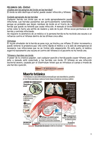 PELIGROS​ ​DEL​ ​ÓXIDO 
¿Cuáles​ ​son​ ​los​ ​peligros​ ​del​ ​óxido​ ​en​ ​las​ ​heridas?
El​ ​óxido​ ​no​ ​sólo​ ​destruye​ ​el​ ​metal,​ ​puede​ ​causar​ ​infección​ ​y​ ​tétanos.
 
Cuidado​ ​apropiado​ ​de​ ​las​ ​heridas 
Cualquier herida con óxido que no se cuide apropiadamente puede                   
infectarse. Las heridas punzantes son particularmente vulnerables,             
porque es probable que dejen residuos de óxido en el tracto de la                         
herida que puede no notarse que causa infección. A menudo el óxido                       
actúa como lo haría una astilla de madera y sale de la piel. Otras veces permanece en la                                   
herida​ ​y​ ​continúa​ ​infectando. 
Se requiere la asistencia de un médico si la persona herida no ha recibido una vacuna o un                                   
refuerzo​ ​contra​ ​el​ ​tétanos​ ​dentro​ ​de​ ​los​ ​últimos​ ​cinco​ ​años.
 
Síntomas 
El tejido alrededor de la herida se pone rojo, se hincha y se inflama. El dolor incrementa y                                   
puede notarse la presencia pus. Una visita rápida al médico o a la sala de emergencias es                                 
necesaria. Las infecciones que no se tratan sólo empeorarán. En este punto, el médico                           
sugerirá​ ​nuevamente​ ​una​ ​vacuna​ ​en​ ​contra​ ​del​ ​tétanos​ ​si​ ​el​ ​paciente​ ​no​ ​ha​ ​tenido​ ​una.
 
Tétanos​ ​y​ ​heridas​ ​con​ ​óxido 
A pesar de la creencia popular, casi cualquier punción o herida puede causar tétanos, pero                             
éste a menudo está conectado a las heridas con óxido. El tétanos es una infección                             
bacterial severa, causada por el Clostridium tetani que se introduce al cuerpo a través de                             
una​ ​herida​ ​o​ ​punción. 
6
 