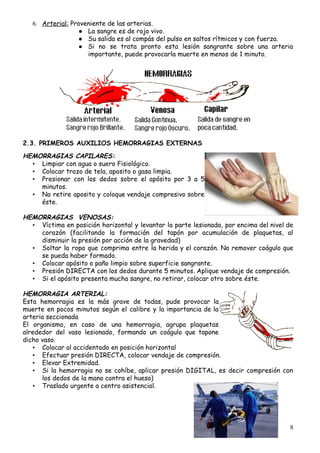 6. Arterial:​​ ​Proveniente​ ​de​ ​las​ ​arterias.
● La​ ​sangre​ ​es​ ​de​ ​rojo​ ​vivo. 
● Su​ ​salida​ ​es​ ​al​ ​compás​ ​del​ ​pulso​ ​en​ ​saltos​ ​rítmicos​ ​y​ ​con​ ​fuerza. 
● Si no se trata pronto esta lesión sangrante sobre una arteria                     
importante,​ ​puede​ ​provocarla​ ​muerte​ ​en​ ​menos​ ​de​ ​1​ ​minuto.  
 
2.3.​ ​PRIMEROS​ ​AUXILIOS​ ​HEMORRAGIAS​ ​EXTERNAS
 
HEMORRAGIAS​ ​CAPILARES:
• Limpiar​ ​con​ ​agua​ ​o​ ​suero​ ​Fisiológico. 
• Colocar​ ​trozo​ ​de​ ​tela,​ ​aposito​ ​o​ ​gasa​ ​limpia. 
• Presionar con los dedos sobre el apósito por 3 a 5                     
minutos. 
• No retire aposito y coloque vendaje compresivo sobre               
éste.
 
HEMORRAGIAS​ ​​ ​VENOSAS:  
• Víctima en posición horizontal y levantar la parte lesionada, por encima del nivel de                           
corazón (facilitando la formación del tapón por acumulación de plaquetas, al                     
disminuir​ ​la​ ​presión​ ​por​ ​acción​ ​de​ ​la​ ​gravedad) 
• Soltar la ropa que comprima entre la herida y el corazón. No remover coágulo que                             
se​ ​pueda​ ​haber​ ​formado​.
• Colocar​ ​apósito​ ​o​ ​paño​ ​limpio​ ​sobre​ ​superficie​ ​sangrante.
• Presión​ ​DIRECTA​ ​con​ ​los​ ​dedos​ ​durante​ ​5​ ​minutos.​ ​Aplique​ ​vendaje​ ​de​ ​compresión.
• Si​ ​el​ ​apósito​ ​presenta​ ​mucha​ ​sangre,​ ​no​ ​retirar,​ ​colocar​ ​otro​ ​sobre​ ​éste. 
 
HEMORRAGIA​ ​ARTERIAL:  
Esta hemorragia es la más grave de todas, pude provocar la                     
muerte en pocos minutos según el calibre y la importancia de la                       
arteria​ ​seccionada
El organismo, en caso de una hemorragia, agrupa plaquetas                 
alrededor del vaso lesionado, formando un coágulo que tapone                 
dicho​ ​vaso.
• Colocar​ ​al​ ​accidentado​ ​en​ ​posición​ ​horizontal 
• Efectuar​ ​presión​ ​DIRECTA,​ ​colocar​ ​vendaje​ ​de​ ​compresión.
• Elevar​ ​Extremidad. 
• Si la hemorragia no se cohíbe, aplicar presión DIGITAL, es decir compresión con                         
los​ ​dedos​ ​de​ ​la​ ​mano​ ​contra​ ​el​ ​hueso) 
• Traslado​ ​urgente​ ​a​ ​centro​ ​asistencial. 
 
 
 
 
8
 