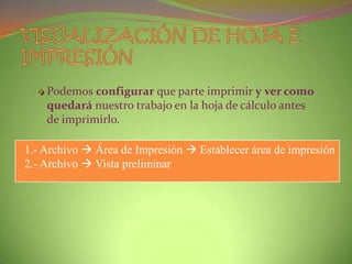 Podemos configurar que parte imprimir y ver como
quedará nuestro trabajo en la hoja de cálculo antes
de imprimirlo.
1.- Archivo  Área de Impresión  Establecer área de impresión
2.- Archivo  Vista preliminar

 