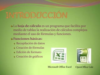 La hoja de cálculo es un programa que facilita por
medio de tablas la realización de cálculos complejos
mediante el uso de fórmulas y funciones.
Funciones básicas:
Recopilación de datos
Creación de fórmulas
Edición de formato
Creación de gráficos

Microsoft Office Excel

OpenOffice Calc

 