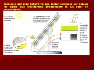 Mediante paneles fotovoltaicos (están formados por células
de silicio que transforman directamente la luz solar en
electricidad)
 