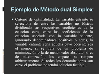 Ejemplo de Método dual Simplex
 Criterio de optimalidad: La variable entrante se
selecciona de entre las variables no básicas
dividiendo sus respectivos coeficientes de la
ecuación cero, entre los coeficientes de la
ecuación asociada con la variable saliente,
ignorando denominadores positivos o ceros, la
variable entrante seria aquella cuyo cociente sea
el menor, si se trata de un problema de
minimización o la de menor valor absoluto, si es
de maximización, los empates se rompen
arbitrariamente. Si todos los denominadores son
ceros el problema no tendrá solución factible.
 