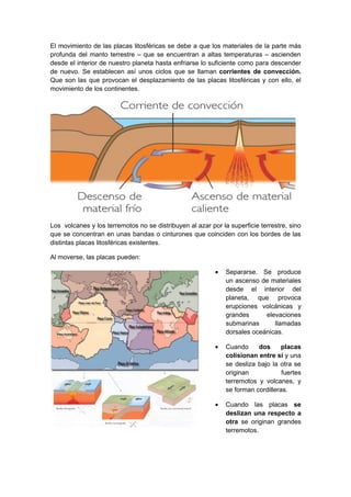 El movimiento de las placas litosféricas se debe a que los materiales de la parte más
profunda del manto terrestre – que se encuentran a altas temperaturas – ascienden
desde el interior de nuestro planeta hasta enfriarse lo suficiente como para descender
de nuevo. Se establecen así unos ciclos que se llaman corrientes de convección.
Que son las que provocan el desplazamiento de las placas litosféricas y con ello, el
movimiento de los continentes.




Los volcanes y los terremotos no se distribuyen al azar por la superficie terrestre, sino
que se concentran en unas bandas o cinturones que coinciden con los bordes de las
distintas placas litosféricas existentes.

Al moverse, las placas pueden:

                                                          •   Separarse. Se produce
                                                              un ascenso de materiales
                                                              desde el interior del
                                                              planeta, que provoca
                                                              erupciones volcánicas y
                                                              grandes      elevaciones
                                                              submarinas      llamadas
                                                              dorsales oceánicas.

                                                          •   Cuando     dos      placas
                                                              colisionan entre sí y una
                                                              se desliza bajo la otra se
                                                              originan            fuertes
                                                              terremotos y volcanes, y
                                                              se forman cordilleras.

                                                          •   Cuando las placas se
                                                              deslizan una respecto a
                                                              otra se originan grandes
                                                              terremotos.
 