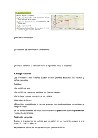¿Qué es un terremoto?




¿Cuáles son los elementos de un terremoto?




¿Cómo se transmite la vibración desde el hipocentro hasta el epicentro?



4. Riesgo volcánico.

Los terremotos y los volcanes pueden producir grandes desastres con víctimas y
daños materiales.

Debido a:

+La emisión de lava

+La emisión de gases que afectan a las vías respiratorias.

+La lluvia de cenizas, que destruye los cultivos.

+Las nubes ardientes.

+El deshielo producido por el calor en volcanes que pueda ocasionar inundaciones y
riesgo de fango.

En las zonas terrestres de riesgo volcánico tanto la predicción como la prevención
resultan fundamentales.

Predicción volcánica.

Gracias a la presencia de indicios que se repiten en los momentos previos a una
erupción, como por ejemplo:

+Aparición de grietas por las que se escapan gases volcánicos.
 