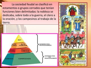 La sociedad feudal se clasificó en
estamentos o grupos cerrados que tenían
funciones bien delimitadas: la nobleza se
dedicaba, sobre todo a la guerra, el clero a
la oración, y los campesinos al trabajo de la
tierra.
La sociedad feudal se clasificó en
estamentos o grupos cerrados que tenían
funciones bien delimitadas: la nobleza se
dedicaba, sobre todo a la guerra, el clero a
la oración, y los campesinos al trabajo de la
tierra.
 