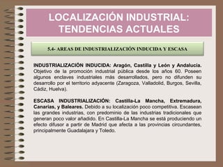 LOCALIZACIÓN INDUSTRIAL:
TENDENCIAS ACTUALES
5.4- AREAS DE INDUSTRIALIZACIÓN INDUCIDA Y ESCASA
INDUSTRIALIZACIÓN INDUCIDA: Aragón, Castilla y León y Andalucía.
Objetivo de la promoción industrial pública desde los años 60. Poseen
algunos enclaves industriales más desarrollados, pero no difunden su
desarrollo por el territorio adyacente (Zaragoza, Valladolid, Burgos, Sevilla,
Cádiz, Huelva).
ESCASA INDUSTRIALIZACIÓN: Castilla-La Mancha, Extremadura,
Canarias, y Baleares. Debido a su localización poco competitiva. Escasean
las grandes industrias, con predominio de las industrias tradicionales que
generan poco valor añadido. En Castilla-La Mancha se está produciendo un
efecto difusor a partir de Madrid que afecta a las provincias circundantes,
principalmente Guadalajara y Toledo.

 