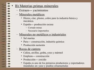 • B) Materias primas minerales
– Extraen--- yacimientos
– Minerales metálicos
• Hierro, cinc, plomo, cobre para la industria básica y
mecánica.
• España--- producción escasa
– Cerrado minas
– Necesario importarlos

– Minerales no metálicos o industriales
• Sal marina
• Para--- construcción, industria química
• Producción aumenta

– Rocas de cantera
•
•
•
•

Caliza, arcillas, graba, yeso y mármol
Emplean--- construcción
Producción--- crecido
España es uno de los primeros productores y exportadores
mundiales en: yeso y piedras ornamentales

 
