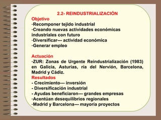 2.2- REINDUSTRIALIZACIÓN
Objetivo
-Recomponer tejido industrial
-Creando nuevas actividades económicas
industriales con futuro
-Diversificar--- actividad económica
-Generar empleo
Actuación
-ZUR: Zonas de Urgente Reindustrialización (1983)
en Galicia, Asturias, ría del Nervión, Barcelona,
Madrid y Cádiz.
Resultados
- Crecimiento--- inversión
- Diversificación industrial
- Ayudas beneficiaron--- grandes empresas
-Acentúan desequilibrios regionales
-Madrid y Barcelona--- mayoría proyectos

 
