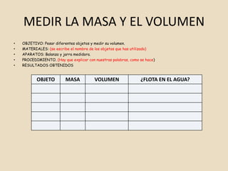 MEDIR LA MASA Y EL VOLUMEN
•   OBJETIVO: Pesar diferentes objetos y medir su volumen.
•   MATERIALES: (se escribe el nombre de los objetos que has utilizado)
•   APARATOS: Balanza y jarra medidora.
•   PROCEDIMIENTO. (Hay que explicar con nuestras palabras, como se hace)
•   RESULTADOS OBTENIDOS


           OBJETO         MASA           VOLUMEN                 ¿FLOTA EN EL AGUA?
 