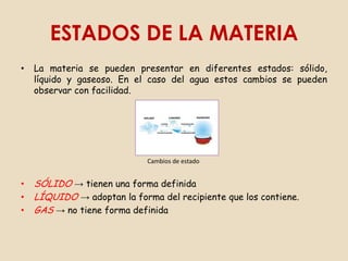 ESTADOS DE LA MATERIA
•   La materia se pueden presentar en diferentes estados: sólido,
    líquido y gaseoso. En el caso del agua estos cambios se pueden
    observar con facilidad.




                             Cambios de estado


•   SÓLIDO → tienen una forma definida
•   LÍQUIDO → adoptan la forma del recipiente que los contiene.
•   GAS → no tiene forma definida
 