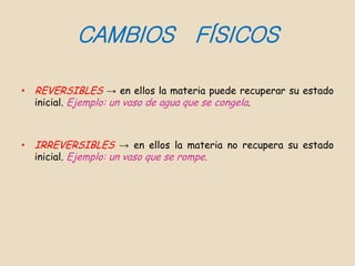 CAMBIOS FÍSICOS

• REVERSIBLES → en ellos la materia puede recuperar su estado
  inicial. Ejemplo: un vaso de agua que se congela.



• IRREVERSIBLES → en ellos la materia no recupera su estado
  inicial. Ejemplo: un vaso que se rompe.
 