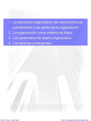 Tema 6: La organización de la empresa. Pág. 1Prof. Dr. Juan J. López García
1. La estructura organizativa: los mecanismos de
coordinación y las partes de la organización.
2. La organización como sistema de flujos.
3. Los parámetros de diseño organizativo.
4. Los factores contingentes.
 