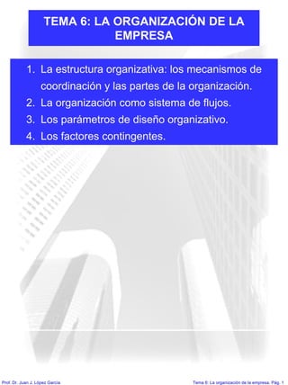 Tema 6: La organización de la empresa. Pág. 1Prof. Dr. Juan J. López García
TEMA 6: LA ORGANIZACIÓN DE LA
EMPRESA
1. La estructura organizativa: los mecanismos de
coordinación y las partes de la organización.
2. La organización como sistema de flujos.
3. Los parámetros de diseño organizativo.
4. Los factores contingentes.
 