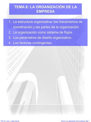 Tema 6: La organización de la empresa. Pág. 1
Prof. Dr. Juan J. López García
TEMA 6: LA ORGANIZACIÓN DE LA
EMPRESA
1. La estructura organizativa: los mecanismos de
coordinación y las partes de la organización.
2. La organización como sistema de flujos.
3. Los parámetros de diseño organizativo.
4. Los factores contingentes.
 