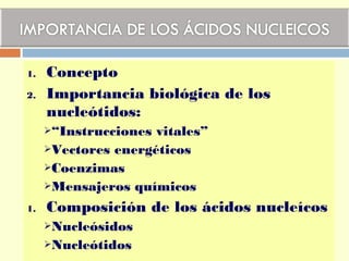 1. Concepto
2. Importancia biológica de los
nucleótidos:
“Instrucciones vitales”
Vectores energéticos
Coenzimas
Mensajeros químicos
1. Composición de los ácidos nucleícos
Nucleósidos
Nucleótidos
 