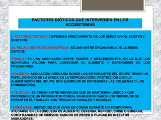 FACTORES BIÓTICOS QUE INTERVIENEN EN LOS
ECOSISTEMAS
2. FACTORES BIÓTICOS: DEPENDEN DIRECTAMENTE DE LOS SERES VIVOS. EXISTEN 2
SUBTIPOS:
2A. RELACIONES INTRAESPECÍFICAS: SE DAN ENTRE ORGANISMOS DE LA MISMA
ESPECIE.
•FAMILIA: ES UNA ASOCIACIÓN ENTRE PADRES Y DESCENDIENTES, EN LA QUE LOS
INDIVIDUOS AYUDAN PARA CONSEGUIR EL ALIMENTO Y DEFENDERSE DE LOS
PREDADORES.
•SOCIEDAD: ASOCIACIÓN GREGARIA DONDE LOS INTEGRANTES DEL GRUPO TIENEN UN
PAPEL DEFINIDO EN LA AYUDA EN LA REPRODUCCIÓN, PROTECCIÓN O EN LA
ALIMENTACIÓN DEL GRUPO. SON EJEMPLOS DE SOCIEDADES LAS COLMENAS O LOS
HORMIGUEROS.
•COLONIAS: SE CREAN ENTRE INDIVIDUOS QUE SE MANTIENEN UNIDOS Y QUE
PROVIENEN DE UN PROGENITOR COMÚN. EN MUCHOS CASOS LOS INDIVIDUOS SE
REPARTEN EL TRABAJO. SON TÍPICAS DE CORALES Y MEDUSAS.
• GREGARIAS: INDIVIDUOS QUE VIVEN EN COMÚN DURANTE UN TIEMPO PARA
AYUDARSE EN LA BÚSQUEDA DE ALIMENTO, DEFENSA, REPRODUCIRSE O EMIGRAR,
COMO MANADAS DE CIERVOS, BANCOS DE PECES O PLAGAS DE INSECTOS
MIGRADORES.
 