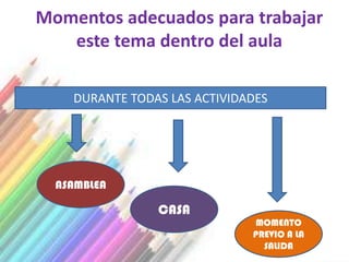 Momentos adecuados para trabajar
   este tema dentro del aula

    DURANTE TODAS LAS ACTIVIDADES




  ASAMBLEA

                CASA
                              MOMENTO
                              PREVIO A LA
                                SALIDA
 