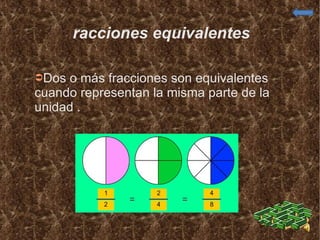 Fracciones equivalentes  Dos o más fracciones son equivalentes cuando representan la misma parte de la unidad . 