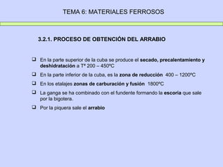 TEMA 6: MATERIALES FERROSOS



  3.2.1. PROCESO DE OBTENCIÓN DEL ARRABIO


 En la parte superior de la cuba se produce el secado, precalentamiento y
  deshidratación a Tª 200 – 450ºC
 En la parte inferior de la cuba, es la zona de reducción 400 – 1200ºC
 En los etalajes zonas de carburación y fusión 1800ºC
 La ganga se ha combinado con el fundente formando la escoria que sale
  por la bigotera.
 Por la piquera sale el arrabio
 