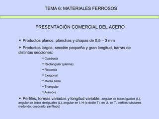 TEMA 6: MATERIALES FERROSOS



            PRESENTACIÓN COMERCIAL DEL ACERO

 Productos planos, planchas y chapas de 0.5 – 3 mm
 Productos largos, sección pequeña y gran longitud, barras de
distintas secciones:
                  Cuadrada
                  Rectangular (pletina)
                  Redonda
                  Exagonal
                  Media caña
                  Triangular
                  Alambre

 Perfiles, formas variadas y longitud variable: angular de lados iguales (L),
angular de lados desiguales (L), angular en I, H (o doble T), en U, en T, perfiles tubulares
(redondo, cuadrado, perfilado)
 