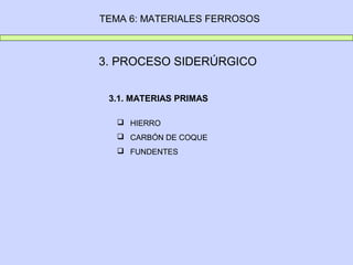 TEMA 6: MATERIALES FERROSOS



3. PROCESO SIDERÚRGICO


 3.1. MATERIAS PRIMAS

   HIERRO
   CARBÓN DE COQUE
   FUNDENTES
 