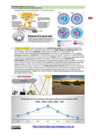 Geografía de España (2º Bachillerato)
Tema_6 Principales problemas medioambientales.
http://javier2pm-geo.blogspot.com.es
3
refrigerantes (aire acondicionado) y aerosoles (sprays).
c) El efecto invernadero: está provocado por la emisión de gases a la atmósfera (dióxido de
carbono C02, metano CH4, y el óxido nitroso N2O) que dejan pasar la radiación solar pero
no la reflejan, sino que la retienen al igual que un cristal de un invernadero. Las
consecuencias son el aumento de la temperatura de la Tierra –calentamiento- y los cambios
climáticos (sequías, inundaciones…). Para luchar contra el cambio climático, la mayor parte de
los países se comprometieron con el protocolo de Kyoto (1997) a reducir sus emisiones de CO2
y otros gases responsables del efecto invernadero. Posteriormente la Cumbre de
Copenhague (2010), pretendió establecer un acuerdo internacional sobre el clima, que ante la
oposición de los países desarrollados para establecer un calendario que redujera las emisiones
hasta el 2020 y la falta de medios de las potencias emergentes contengan las suyas, han
llevado a considerarla un fracaso. En la cumbre del clima de París (2015) marcó el objetivo
internacional entre 2020 y final de siglo, vinculante para los 196 países firmantes de lograr que
el aumento de la temperatura de la Tierra quede muy por debajo de 2º con respecto a los
niveles preindustriales. La UE se ha comprometido a reducir sus emisiones en un 40% para el
año 2030 (agenda 2030).
100
113,7
134,1
151,6
122,7
100
89
1990 1995 2000 2005 2010 2015 2020
Evolución de las emisiones de gases efecto invernadero (GEI)
1900 - 2020; Índice 1900 = 100
 
