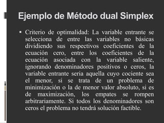 Ejemplo de Método dual Simplex
 Criterio de optimalidad: La variable entrante se
selecciona de entre las variables no básicas
dividiendo sus respectivos coeficientes de la
ecuación cero, entre los coeficientes de la
ecuación asociada con la variable saliente,
ignorando denominadores positivos o ceros, la
variable entrante seria aquella cuyo cociente sea
el menor, si se trata de un problema de
minimización o la de menor valor absoluto, si es
de maximización, los empates se rompen
arbitrariamente. Si todos los denominadores son
ceros el problema no tendrá solución factible.
 
