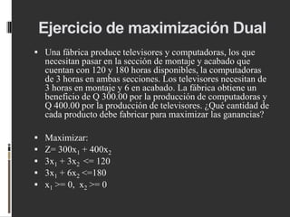Ejercicio de maximización Dual
 Una fábrica produce televisores y computadoras, los que
necesitan pasar en la sección de montaje y acabado que
cuentan con 120 y 180 horas disponibles, la computadoras
de 3 horas en ambas secciones. Los televisores necesitan de
3 horas en montaje y 6 en acabado. La fábrica obtiene un
beneficio de Q 300.00 por la producción de computadoras y
Q 400.00 por la producción de televisores. ¿Qué cantidad de
cada producto debe fabricar para maximizar las ganancias?
 Maximizar:
 Z= 300x1 + 400x2
 3x1 + 3x2 <= 120
 3x1 + 6x2 <=180
 x1 >= 0, x2 >= 0
 
