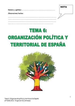 1
Tema 6: Organización política y territorial de España
(3º ESO) I.E.S. Virgen de Vico (Arnedo)
Nombre y apellidos:.......................................................
Observaciones hechas:
...........................................................................................................................................
...........................................................................................................................................
...........................................................................................................................................
...................................................................................................................................
NOTA
 